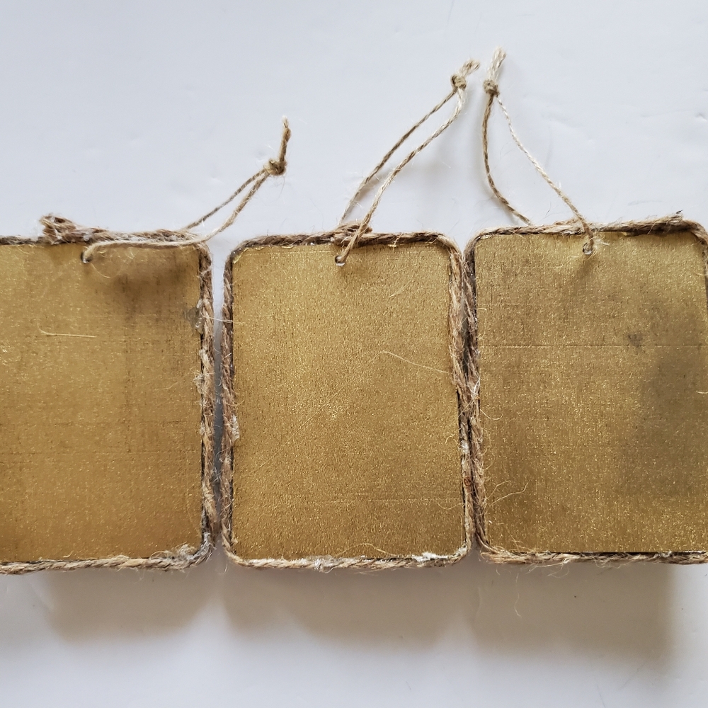 Green Glass Tree on Gold Painted Wood Holiday Hang Tag Set of 3, 3.5"H X 2.5"W - Picture 6 of 9